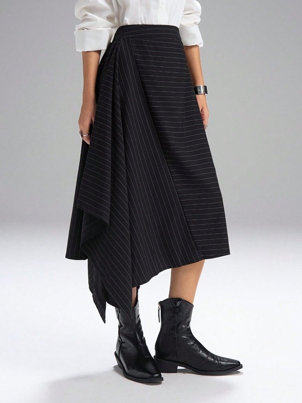 Black Casual Women's Pleated Asymmetric Midi Skirt
